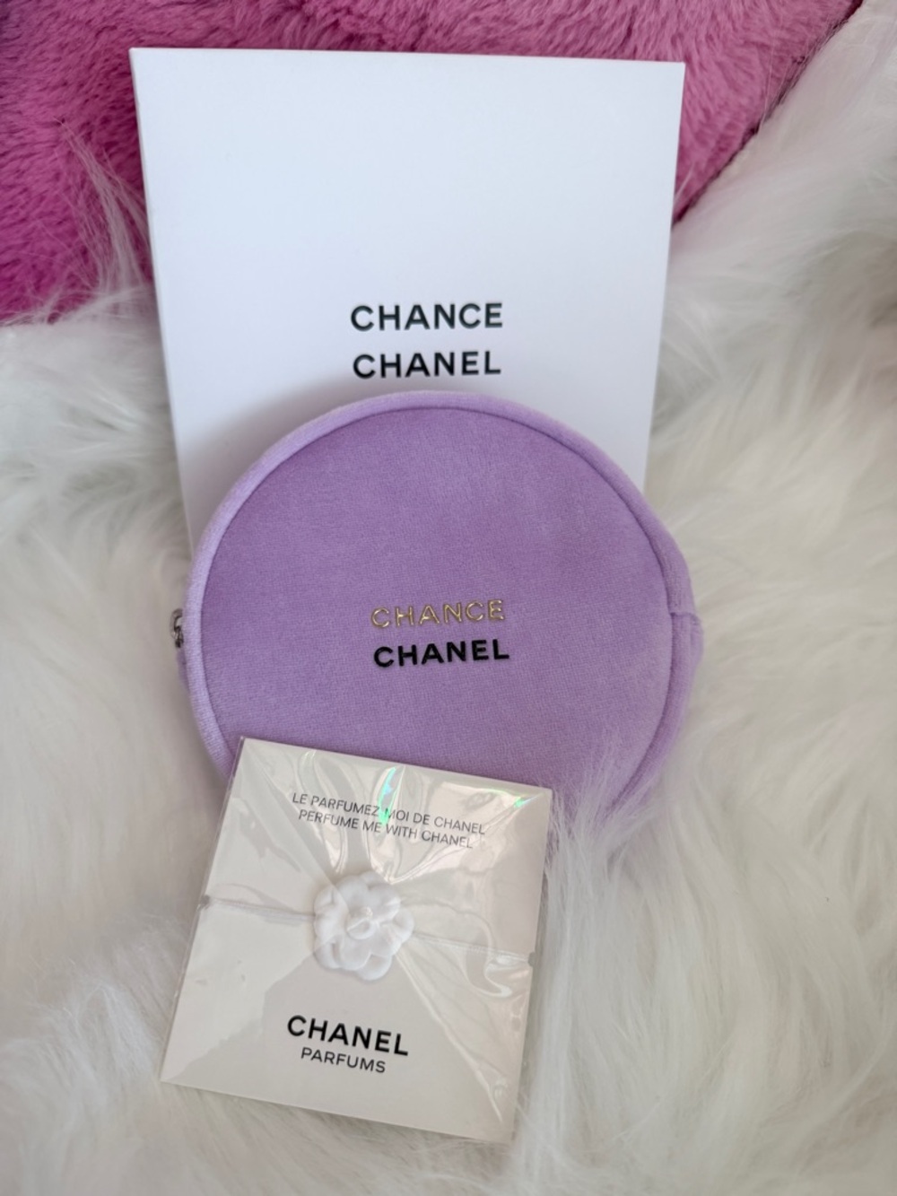 CHANEL Lavender Round Zip Cosmetic Pouch with Gold Logo